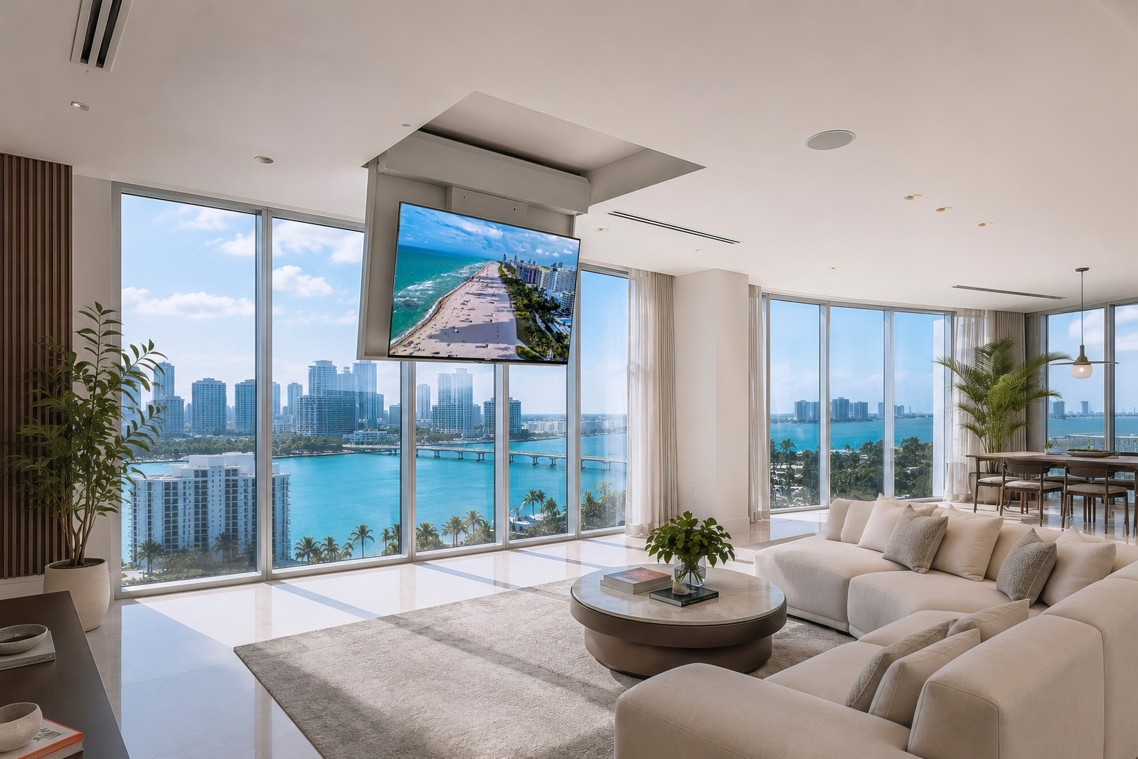 A television lowered from the ceiling in a living room overlooking the water