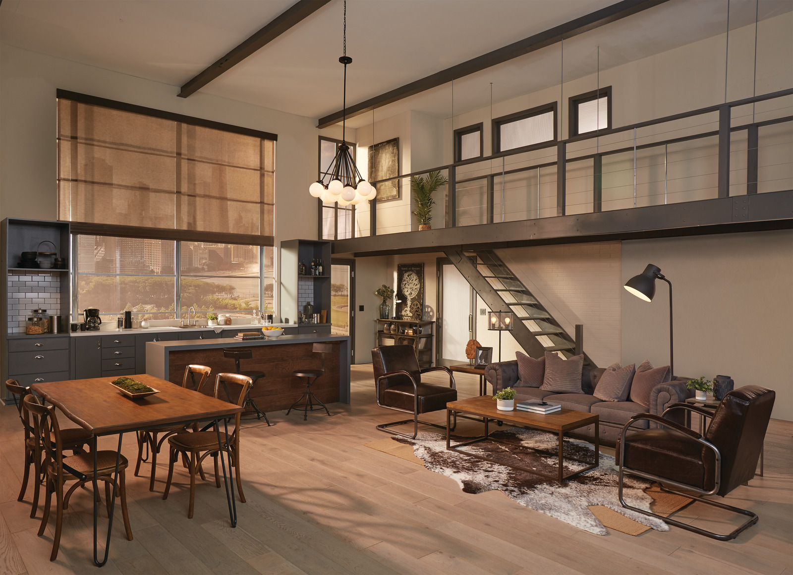 An evening loft with roller shades, a dining pendant and a reading lamp beside the sofa