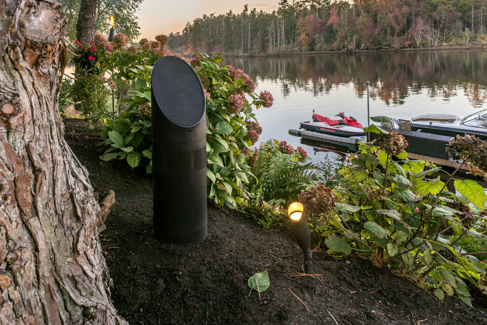 A Coastal Source bollard speaker and landscape light among plants beside a lake