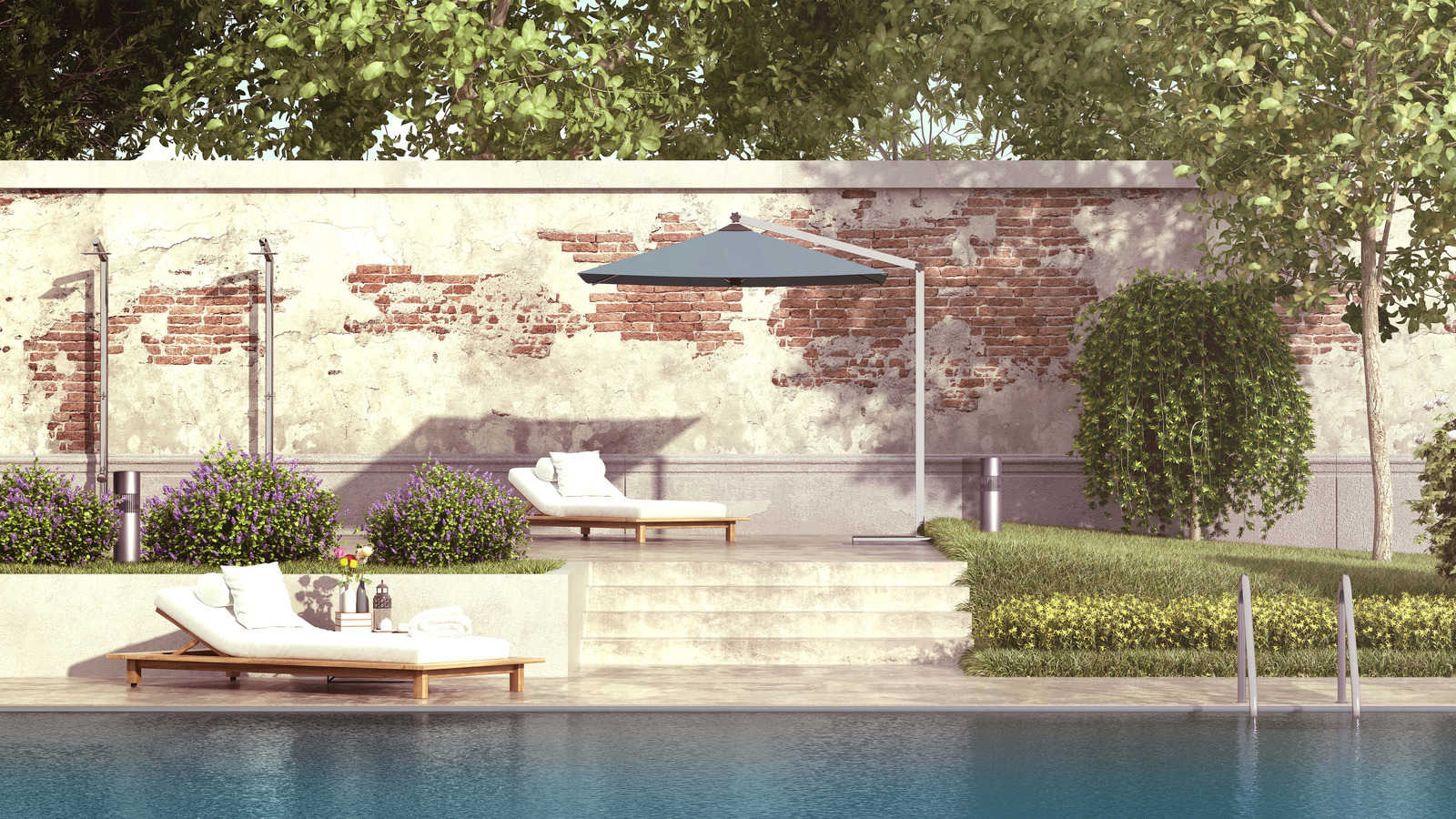 A garden pool and terrace with an outdoor bollard speaker beside the loungers